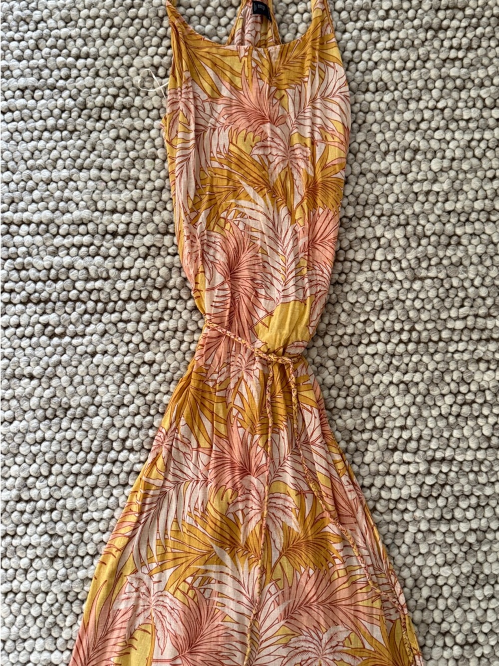 Tahari halter dress yellow and pink tropical leaf pattern